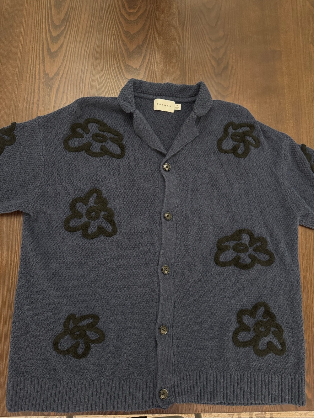 Topman Navy Floral Knit Short Sleeve Button Down Polo Shirt M
